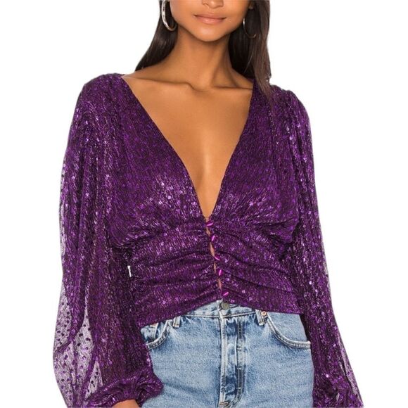 NEW For Love And Lemons La Villette Cropped Blouse in Violet - XS - Picture 1 of 13